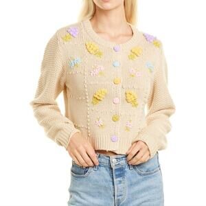 NWT LoveShackFancy Briallon Oatmeal Daytime Bloom Wool Blend Cardigan size Large